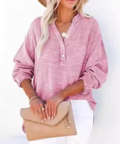 Alternative view of Blouses Women Casual Top Folds Long Sleeve Solid Color Button V Neck Summer Loose Shirt Breathable 2025 Office Lady Tops