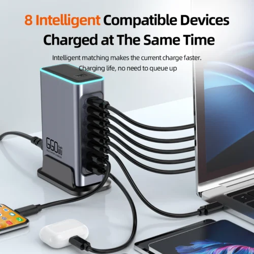 Alternative view of 660W GaN Charger USB C Fast Desktop 8-port USB Type C PD Charging Station 3.0 USB Type C Fast Charger for iPhone16 15 Samsung