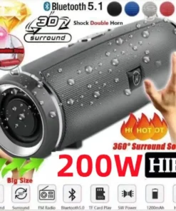 Portable 200W Bluetooth Speaker - Waterproof, HIFI Stereo Sound, FM Radio, TF Card Support