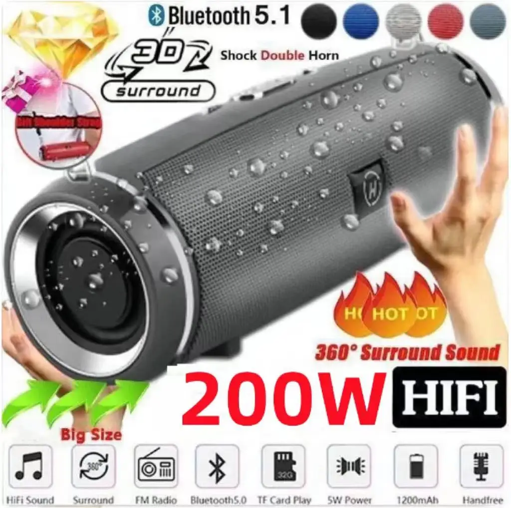 Portable 200W Bluetooth Speaker - Waterproof, HIFI Stereo Sound, FM Radio, TF Card Support