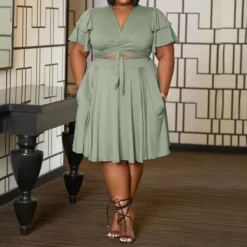 Alternative view of Two Piece Set with Tie V-Neck Top and Pocket Midi Skirt for Plus Size Women
