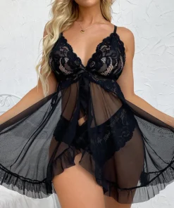 Alternative view of ALLTOOALL Women's Sleepwear Underwear Transparent Sexy Lace Red Lingerie Pijamas Sets Nightdress And Panty Female Nighty Clothes