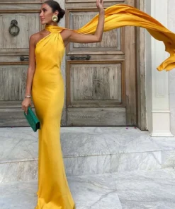 Elegant Ribbon Halter Dress Women Solid Off Shoulder Sleeveless Backless Slim Maxi Dresses 2025 Summer Autumn Party Robes Lady