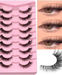 LASVIREY Fluffy Cat Eye Lashes Natural Mink Lashes Clear Band Natural Fluffy D Curl Lashes Extension Full Strip False Eyelashes