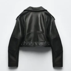Alternative view of Faux Leather Biker Jacket with Belt for Women in Oversized Style