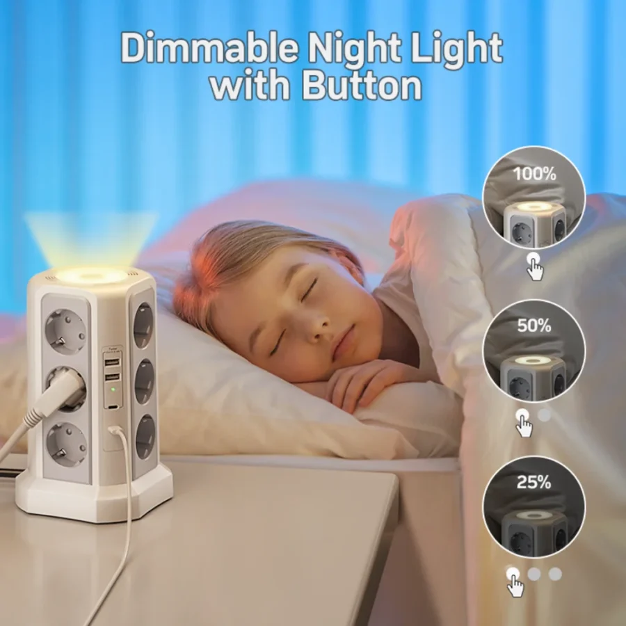 Surge Protector Multi-Socket, 4000W, 16A, with 2 USB A and 2 USB C Ports, 2m Extension Cable, Gray Model with Night Light - Image 5