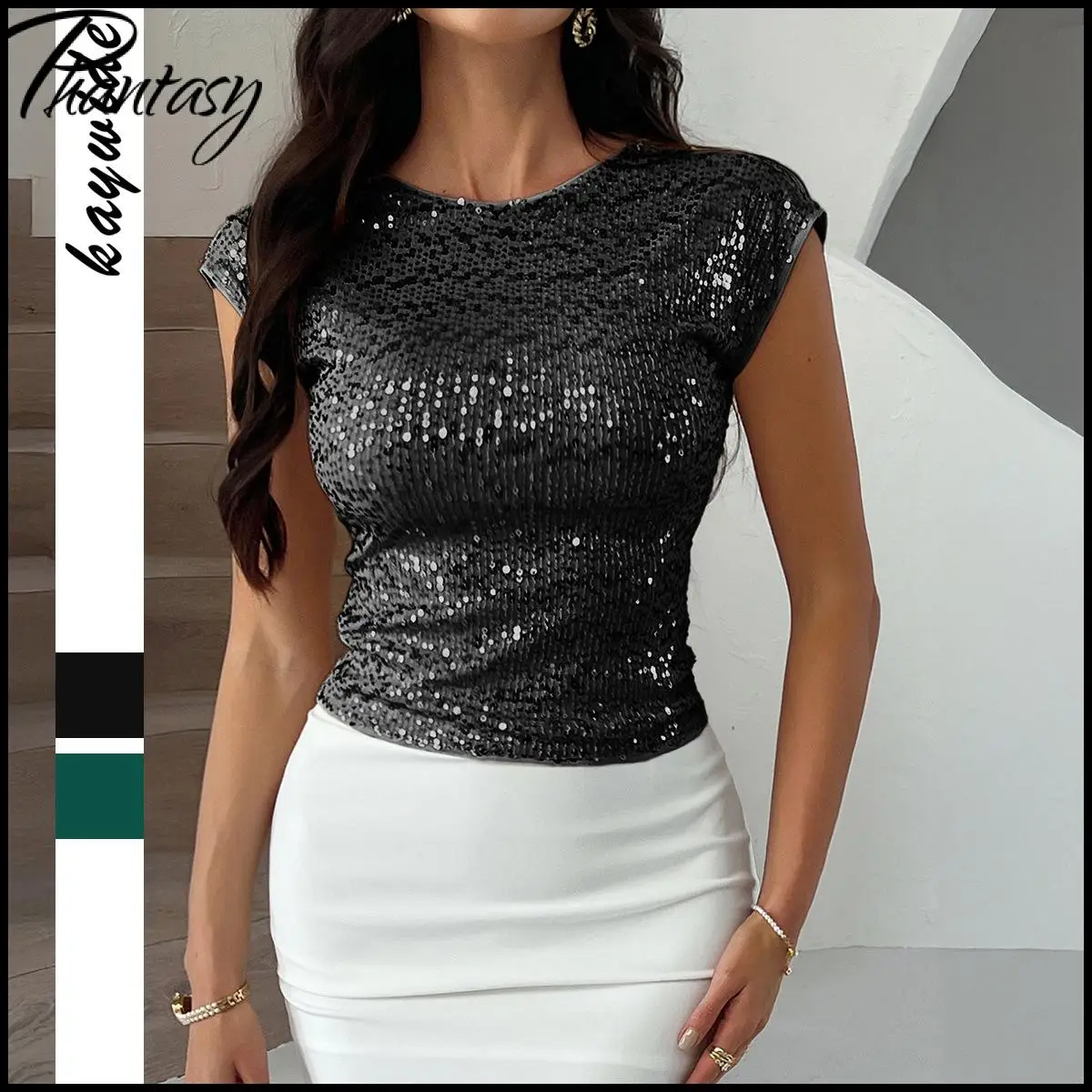 Elegant Commuter Women's Sleeveless Top Casual Basic Solid Color Sequin T-shirt Spring Summer Dress Up for Lady Female Clothes