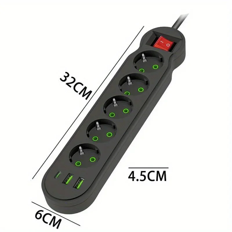 EU Plug Power Strip 2/3/4/5 Outlet Multitap Extension 10A with 2 USB 1 Type-C Ports 2m Cord Electrical Socket 2500W - Image 3