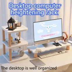 Office computer riser with desktop storage rack for organized workstation displays