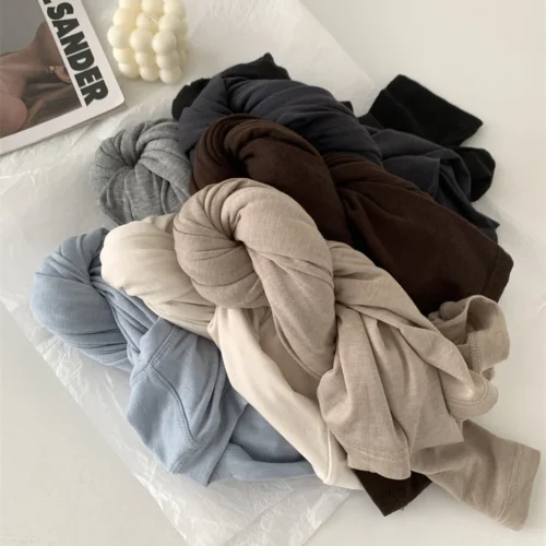 Silk Wool Splice Long Sleeve T-shirt Women Spring Summer Thin Soft Waxy Fit Solid Color Backing Top