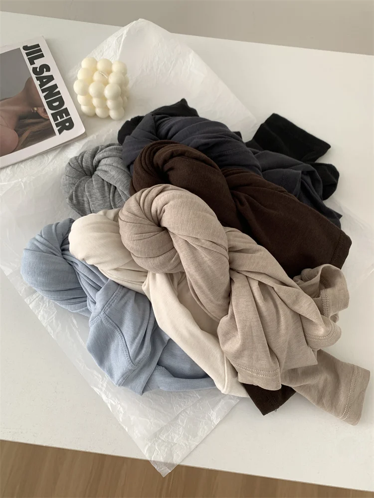 Silk Wool Splice Long Sleeve T-shirt with Soft Waxy Fit for Women in Solid Colors