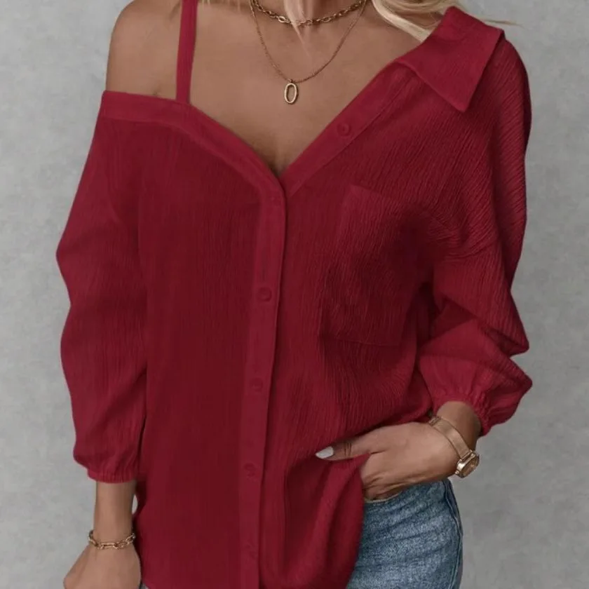 Women’s Off Shoulder Asymmetrical Blouse with Pocket for Spring Summer Casual Wear - Image 3