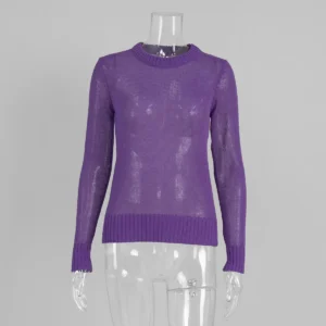 Mohair Knit Sweater with O-Neck and Long Sleeves for Women, Loose Fit See-Through Casual Top - Purple, S
