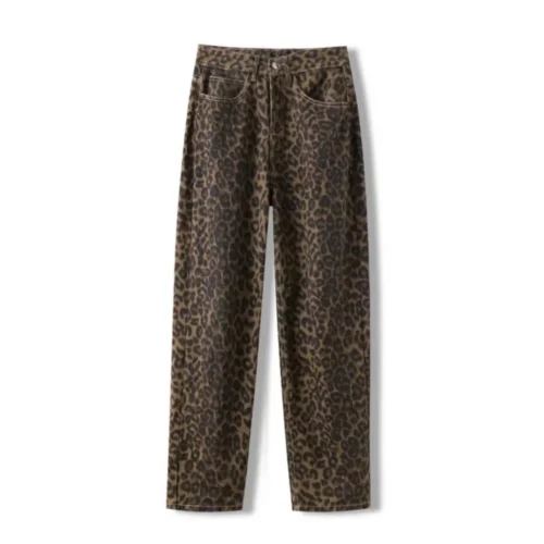 Alternative view of Tan Leopard Print Wide Leg Jeans for Women - Casual Oversized Denim Trousers