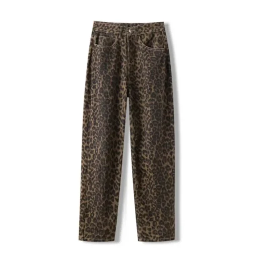 Wide Leg Jeans for Women - Tan Leopard Print Casual Oversized Denim Trousers - Image 2