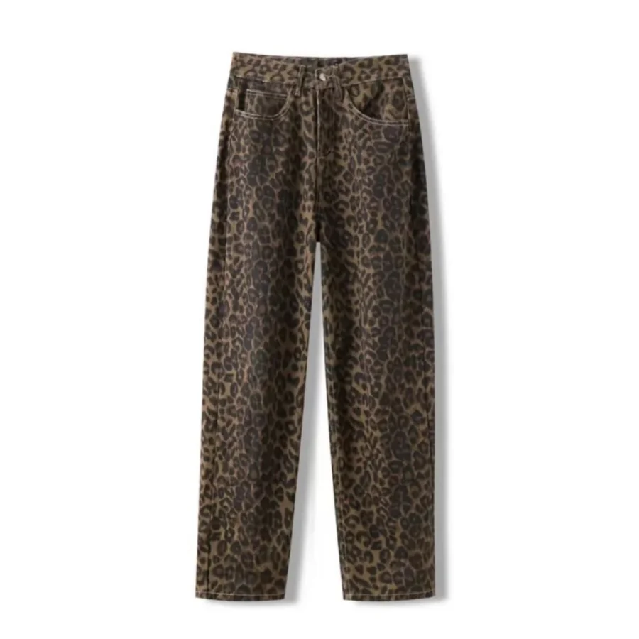 Tan Leopard Print Wide Leg Jeans for Women - Casual Oversized Denim Trousers - Image 2