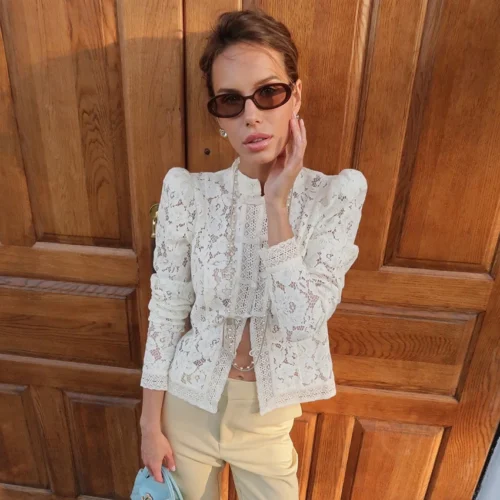 Linad Elegant Embroidery Puff Sleeve White Shirts Summer Sexy Hollow Out Lace Blouse Casual Sand Collar Top 2025 Vintage Shirts