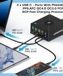 Alternative view of 160W 5 Ports USB Charger Staion 15W Wireless Charging PD 65W QC3.0 Type C Fast Charger for iPhone 15 Pro Macbook Samsung Laptop