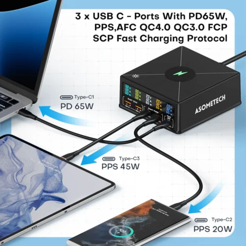 Alternative view of 160W 5 Ports USB Charger Staion 15W Wireless Charging PD 65W QC3.0 Type C Fast Charger for iPhone 15 Pro Macbook Samsung Laptop