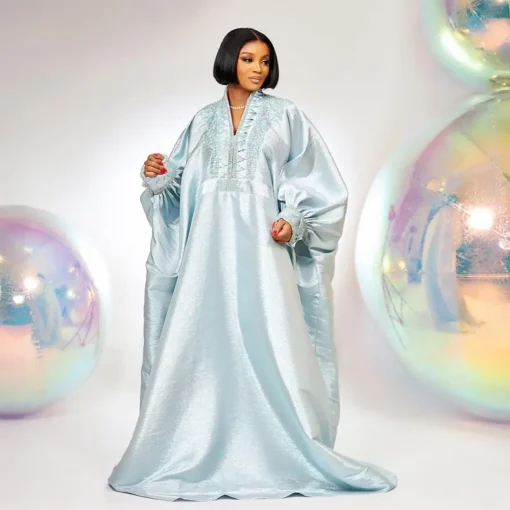 V-Neck Rhinestone Turkey Dress for Women - Elegant African Church Boubou Style - Image 5