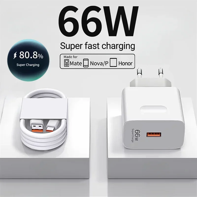 66W USB Fast Charger with Quick Charge 3.0 and Type-C Cable for Huawei Devices