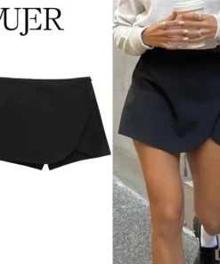 Mujer High Waist Black Asymmetric Skort for Women - Summer Casual Mini Shorts