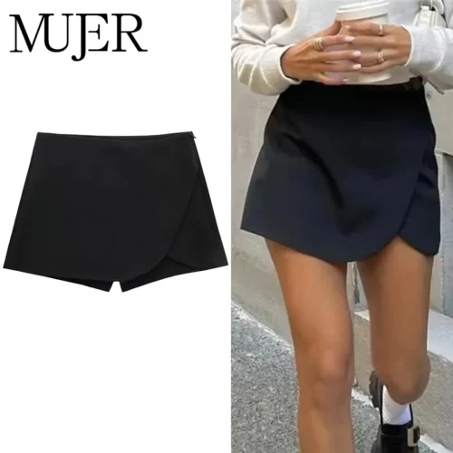 Mujer High Waist Black Asymmetric Skort for Women - Summer Casual Mini Shorts