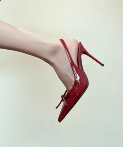9CM Heel Office Ladies Women's Red Patent Leather Pointed Toe Stiletto Slingback Dress Pumps with Bow Detail High Heels Shoes