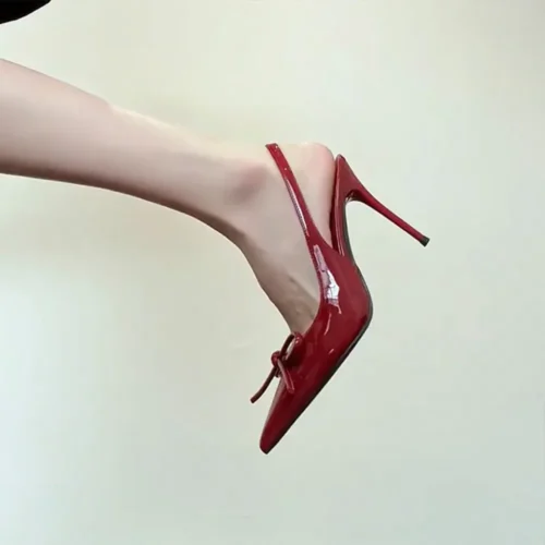 9CM Heel Office Ladies Women's Red Patent Leather Pointed Toe Stiletto Slingback Dress Pumps with Bow Detail High Heels Shoes