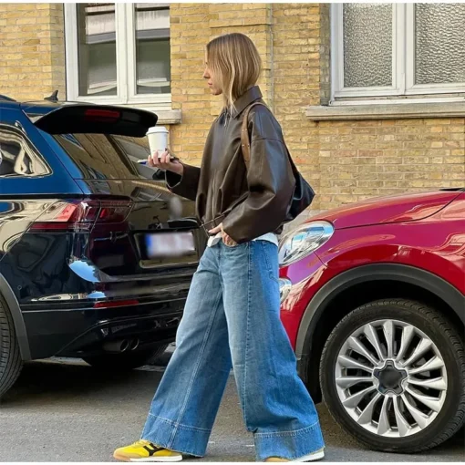 Vintage PU Leather Bomber Jacket with Belt - Long Sleeve Autumn Streetwear for Women - Image 3