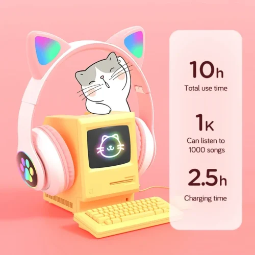 Alternative view of Flash Lamp Cute Cat Ears Headphone Bluetooth5.0 Stereo With Mic Support TF Card Wireless Kids Girl Earphone Birthday Gift