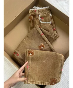 Lace Teddy Bear Embroidered Wide Leg High Waisted Jeans - Spring 2025 Casual Fit for Commuting