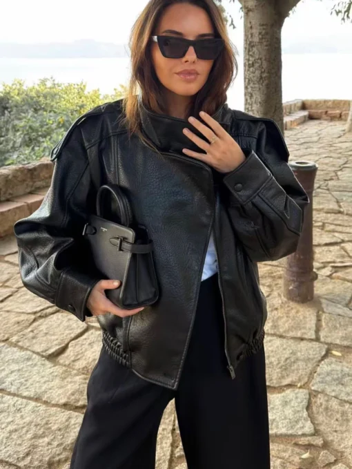 Faux Leather Jacket with Zipper Closure, Loose Fit and Stand Collar for Women, Long Sleeve Autumn/Winter Wear - Image 3