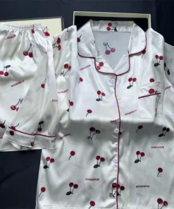 Alternative view of Cherries Print Two Pieces Pajamas Set Summer Faux Stain Pajamas Fashion Home Clothes Ladies Casual Shorts and Top Set Pijamas