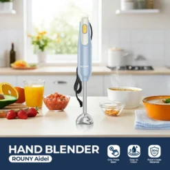 Handheld Immersion Blender with Stainless Steel Blades in Light Blue