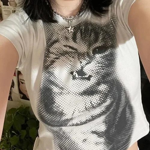 Alternative view of Harajuku Animal Print Crop Top Basic White Short Sleeve Crewneck T-shirt Women Casual Slim-fitting Tees Lady y2k Vintage