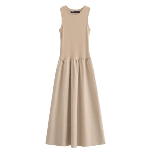 Khaki Elegant Long Dress with Sleeveless Design for Women, Spring Party Y2K Fashion - Image 3