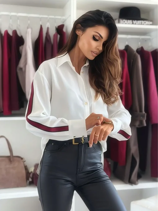 Casual Blouse with Striped Print and Turn Down Collar for Autumn Office Ladies - Image 4