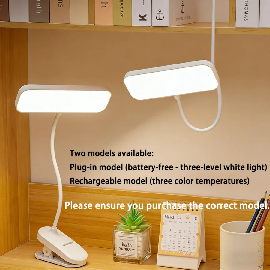 Clip-On Desk Lamp with Eye Care, USB Rechargeable & Plug-in Dimmable LED Light, Adjustable Study Lamp for College Dorm, Bedroom - Image 2