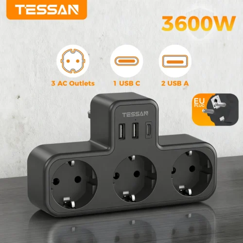 Multiple EU Standard USB Socket Wall Power Strip 6-In-1 Plug Socket with 3 AC Outlets Adapter Wall Charger for Home Office