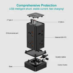 Alternative view of Tower Power Strip with Surge Protection and 2 USB + 2 Type C PD 20W Fast Charging Ports