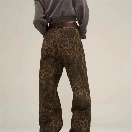 Wide Leg Jeans for Women - Tan Leopard Print Casual Oversized Denim Trousers - Image 3