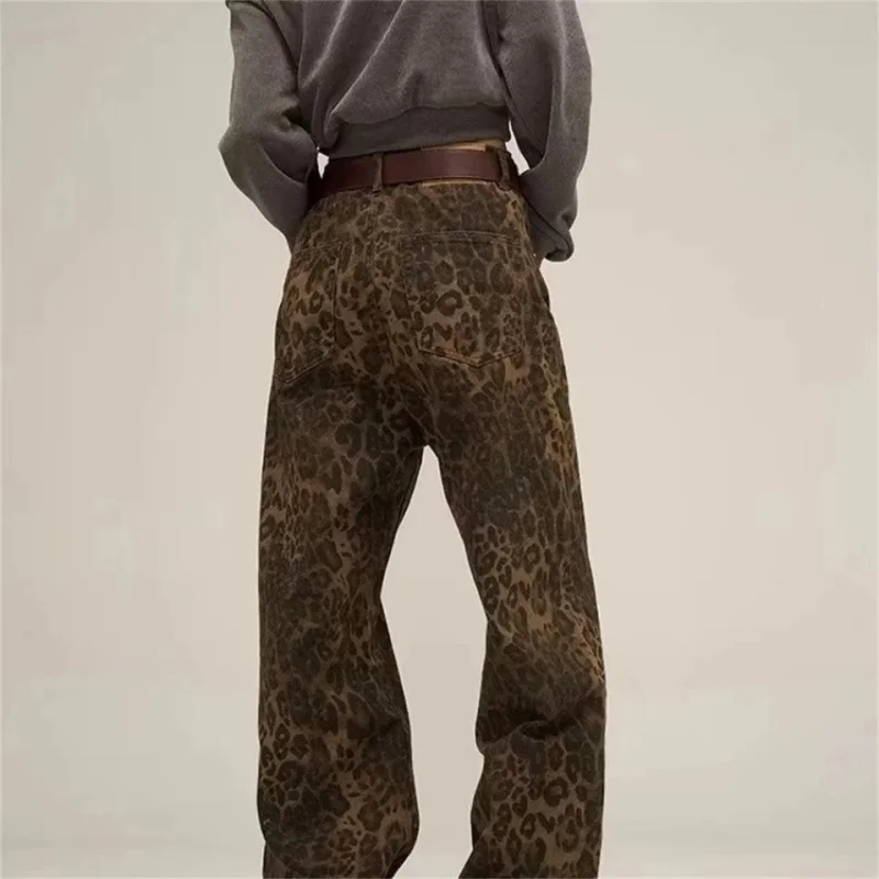 Tan Leopard Print Wide Leg Jeans for Women - Casual Oversized Denim Trousers - Image 3