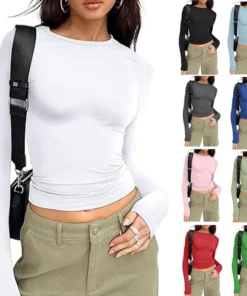 1pcs Four Seasons Fashion Senior Women T-shirt Long Sleeve Crew Neck Solid Slim Fit Tee Ladies Crop Top Daily Streetwear Camis