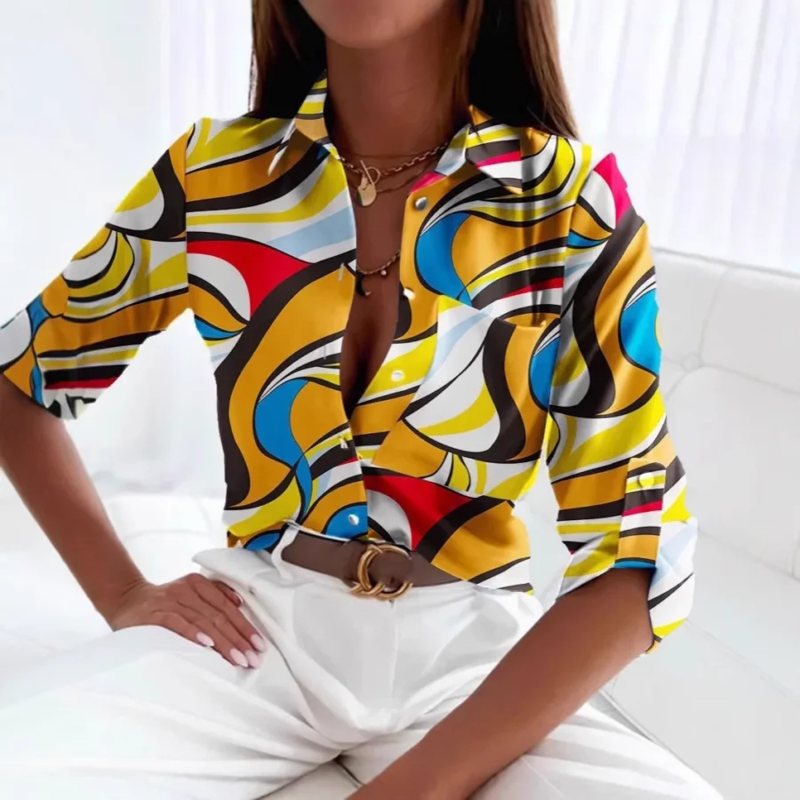 Print Shirt Women Blouse Single Breasted Turn Down Collar Pocket Splicing Full Sleeve 2025 Spring Summer Office Lady Overshirt - Image 4