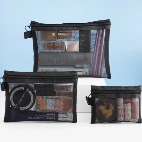 Alternative view of Mesh Cosmetic Bags Set - Black Portable Makeup and Toiletry Organizer (Small & Large)