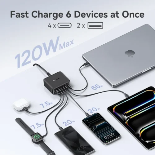 Alternative view of Baseus 120W Desktop Charger Laptop Fast Charger 6 in 1 Charger For iPhone 17 16 15 14 Pro Max Samsung iPad Quick Charger GaN