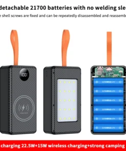 DIY Power Bank Case for 21700 Batteries, 22.5W Fast Charge, 15W Wireless Charging, Dual USB/Type-C Output