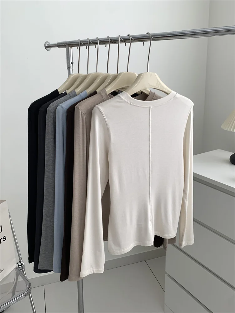 Silk Wool Splice Long Sleeve T-shirt with Soft Waxy Fit for Women in Solid Colors - Image 5