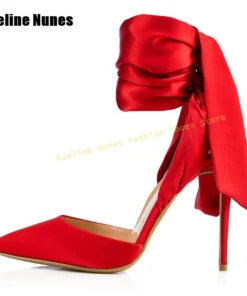 Alternative view of Red Satin Ankle Strap Pumps Pointed Toe Stiletto Shallow Slip On Lace-Up Women Solid Dress Shoes Large Size Summer Elegant Trend